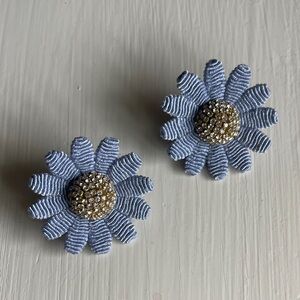 Blue and Gold Diamond Center Silk Wrapped Blue Floral Flower Statement Earrings